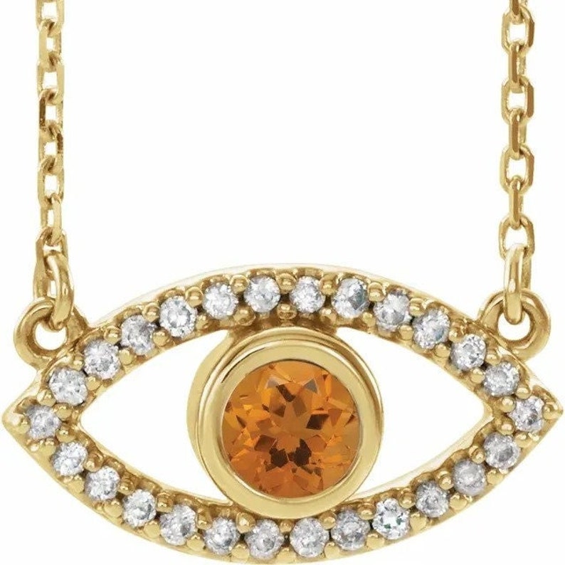 14k Gold, Citrine & White Sapphire Evil Eye Necklace- healing crystal Citrine gemstone necklace, November birthstone gift, abundance jewelry